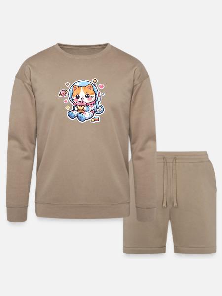 Cosmic Kitty Bubble Tea - Bella + Canvas Unisex Sweatshirt & Short Set - tan