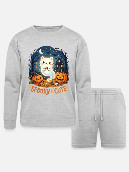 Spooky Cute Ghost Cat Halloween - Bella + Canvas Unisex Sweatshirt & Short Set - heather gray