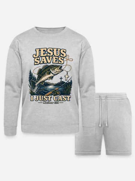 Jesus Saves I Just Cast Christian Fishing - Bella + Canvas Unisex Sweatshirt & Short Set - heather gray