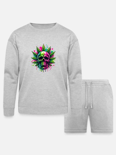 Cannabis Skull Hot Pink - Bella + Canvas Unisex Sweatshirt & Short Set - heather gray