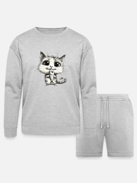 Funny Cat - Bella + Canvas Unisex Sweatshirt & Short Set - heather gray