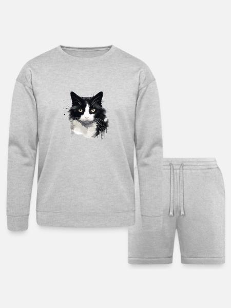 Tuxedo Cat Face - Bella + Canvas Unisex Sweatshirt & Short Set - heather gray