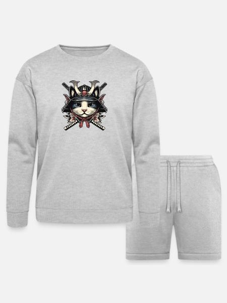 Wise Samurai Cat - Bella + Canvas Unisex Sweatshirt & Short Set - heather gray