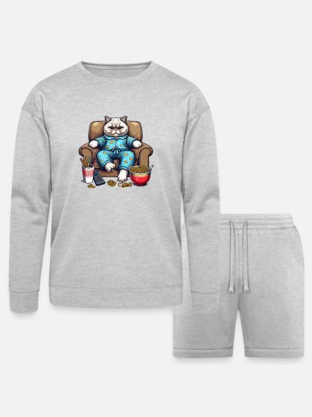 Cozy Cat in Blue Pajamas - Bella + Canvas Unisex Sweatshirt & Short Set - heather gray