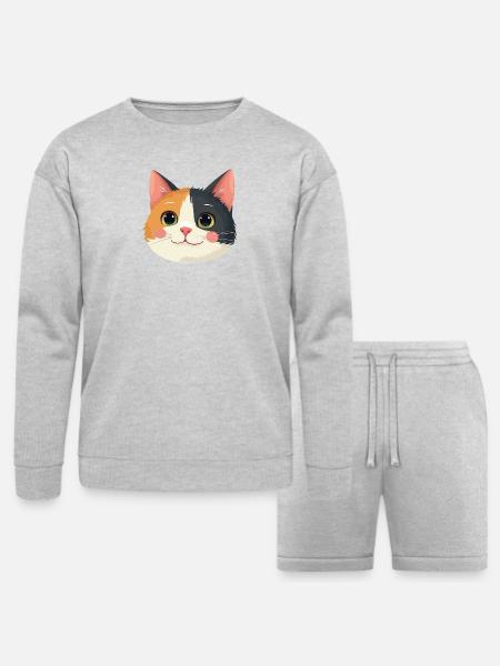 cute cat face - Bella + Canvas Unisex Sweatshirt & Short Set - heather gray