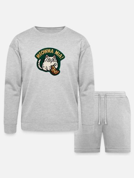 Meowma Mia Embroidered Patch - Bella + Canvas Unisex Sweatshirt & Short Set - heather gray