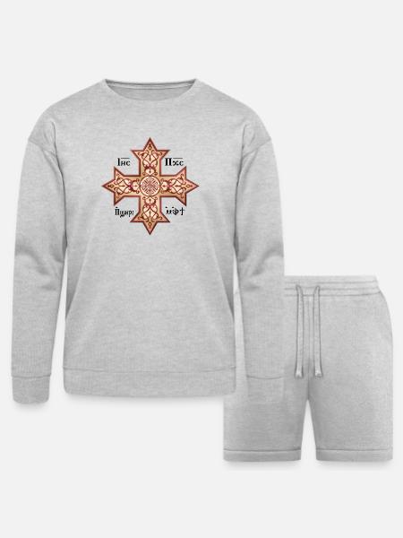 Coptic Cross Golden Icon - Bella + Canvas Unisex Sweatshirt & Short Set - heather gray