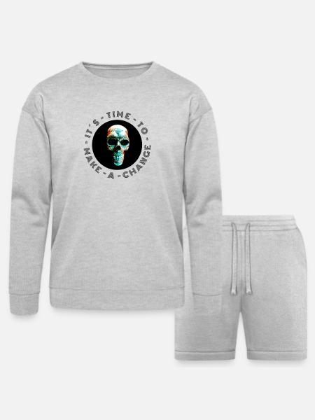 Neon Halftone Skull, Halloween, Skeleton - Bella + Canvas Unisex Sweatshirt & Short Set - heather gray