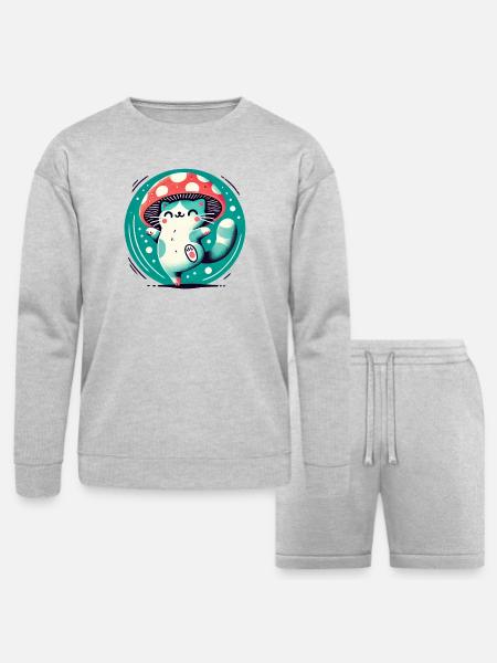 Whimsy Mushroom Hat Cat - Bella + Canvas Unisex Sweatshirt & Short Set - heather gray