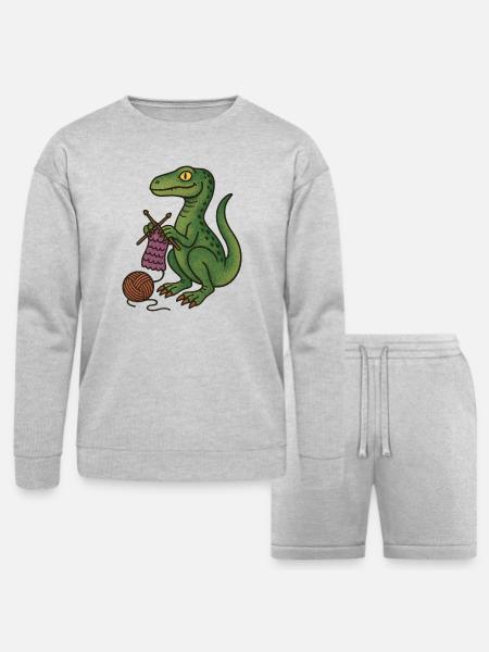Knit Dino Cozy Green Reptile - Bella + Canvas Unisex Sweatshirt & Short Set - heather gray
