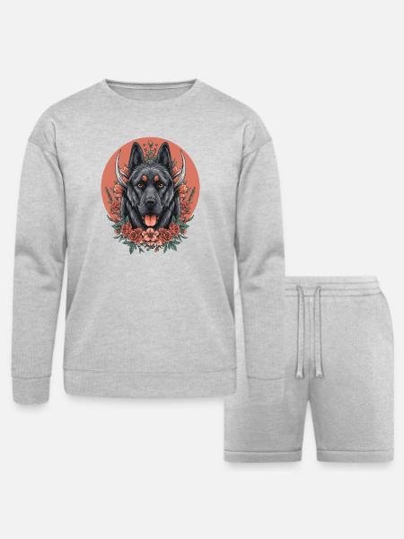 Floral Wolfdog Circle - Bella + Canvas Unisex Sweatshirt & Short Set - heather gray