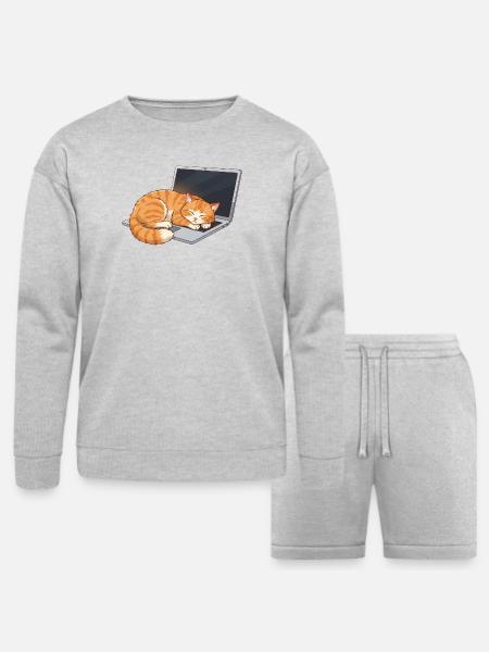 Cozy Tabby on Laptop - Bella + Canvas Unisex Sweatshirt & Short Set - heather gray