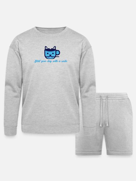 Blue Cat Morning Smile - Bella + Canvas Unisex Sweatshirt & Short Set - heather gray
