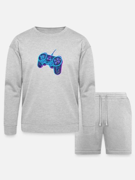 Futuristic Neon Wireframe Game Controller - Bella + Canvas Unisex Sweatshirt & Short Set - heather gray