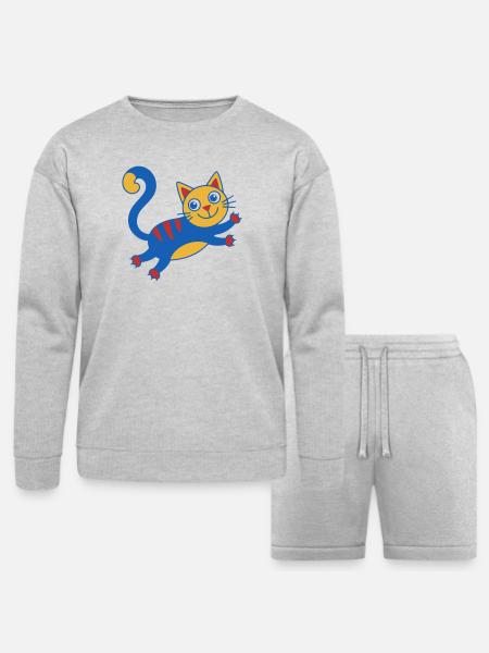 Vibrant Blue Cat Cartoon - Bella + Canvas Unisex Sweatshirt & Short Set - heather gray
