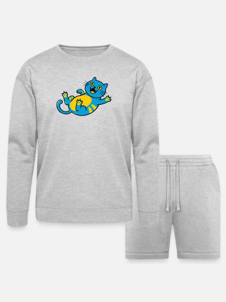 Blue Cat Playful Belly Art - Bella + Canvas Unisex Sweatshirt & Short Set - heather gray