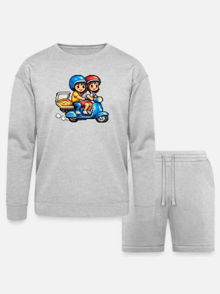 Boy and Girl on Vespa with Pizza! - Bella + Canvas Unisex Sweatshirt & Short Set - heather gray