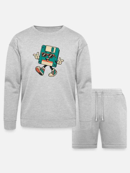 Retro Disk Mascot with Sunglasses - Bella + Canvas Unisex Sweatshirt & Short Set - heather gray