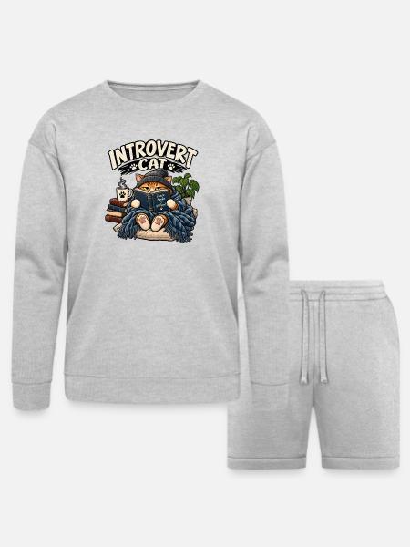 Introvert Cat Cozy Reader - Bella + Canvas Unisex Sweatshirt & Short Set - heather gray