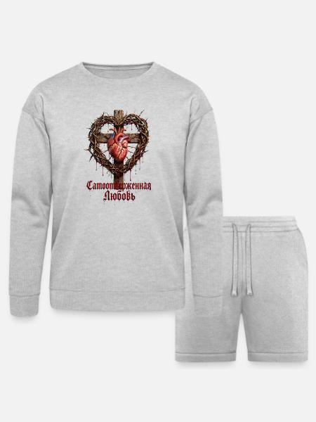 Gothic Heart on Wooden Cross - Bella + Canvas Unisex Sweatshirt & Short Set - heather gray