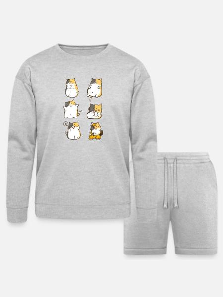 Chubby Calico Cat Expressions - Bella + Canvas Unisex Sweatshirt & Short Set - heather gray