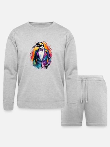 Penguin in suit - Bella + Canvas Unisex Sweatshirt & Short Set - heather gray