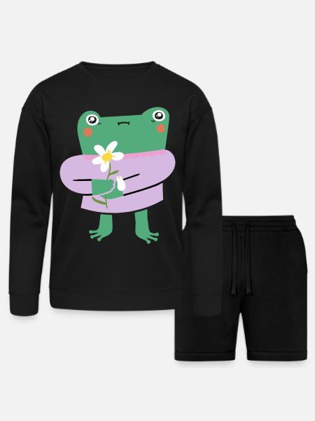 Shy Frog with Flower - Bella + Canvas Unisex Sweatshirt & Short Set - black