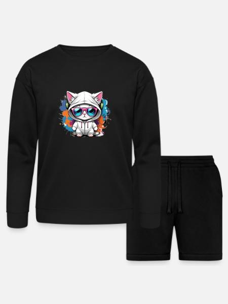 cute cat enjoying music - Bella + Canvas Unisex Sweatshirt & Short Set - black