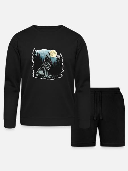 Wolf Howling At Moon - Bella + Canvas Unisex Sweatshirt & Short Set - black