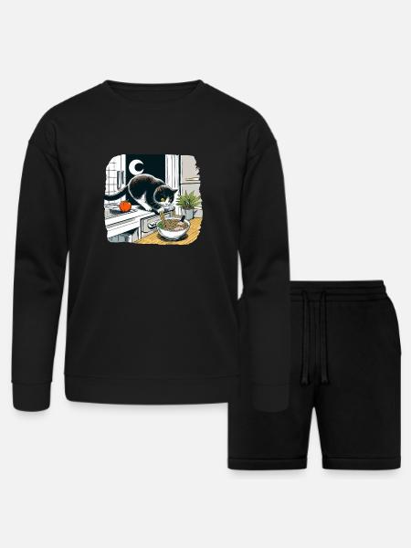 Moonlit Cat Noodle Quest - Bella + Canvas Unisex Sweatshirt & Short Set - black