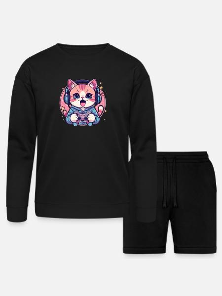 Pixel Purring Gamer Kitty - Bella + Canvas Unisex Sweatshirt & Short Set - black