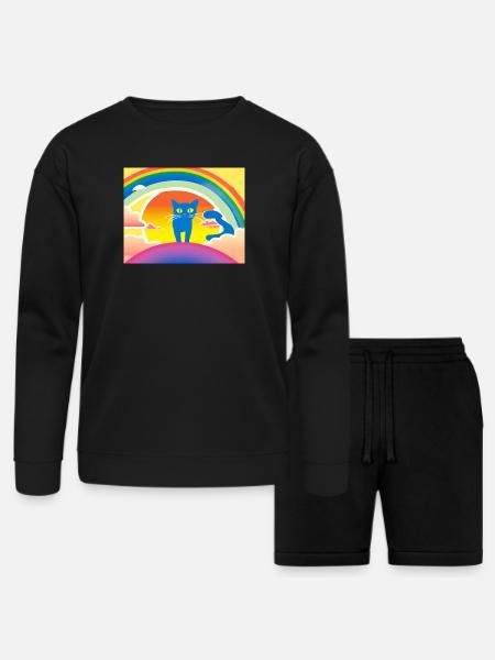 Blue Cat Rainbow Sunset - Bella + Canvas Unisex Sweatshirt & Short Set - black