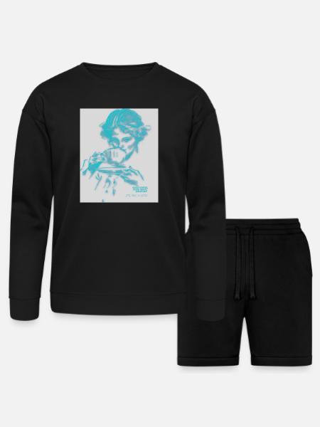 Cyan Coffee Sketch Portrait - Bella + Canvas Unisex Sweatshirt & Short Set - black