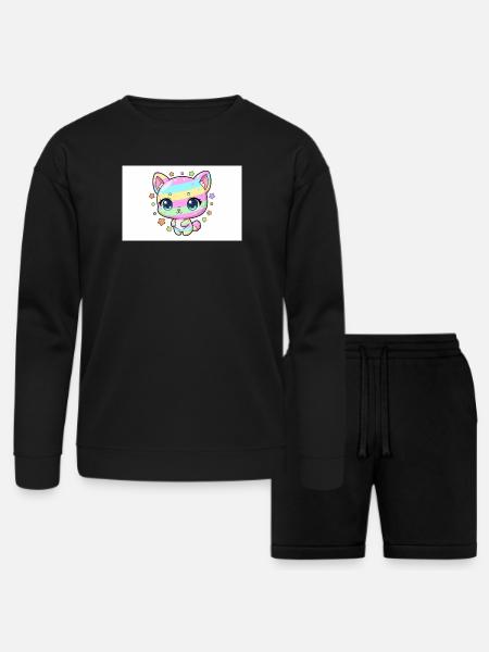Pastel Rainbow Kitten - Bella + Canvas Unisex Sweatshirt & Short Set - black