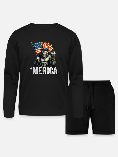 Bigfoot Merica Rock American Flag - Bella + Canvas Unisex Sweatshirt & Short Set - black