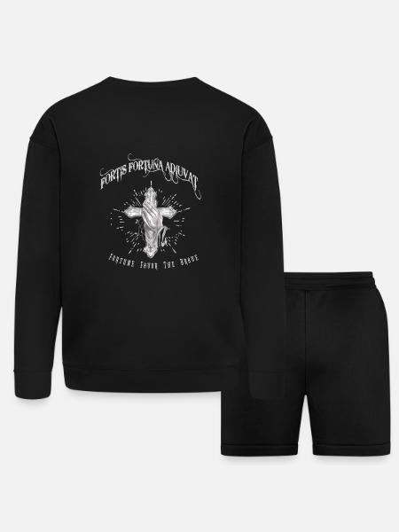 Fortis Fortuna Adiuvat - Cross and Hand Tattoo - Bella + Canvas Unisex Sweatshirt & Short Set - black