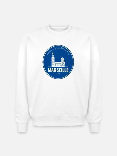 Blue Marseille Landmark Patch - Stanley/Stella Radder Unisex Oversized Organic Sweatshirt - white
