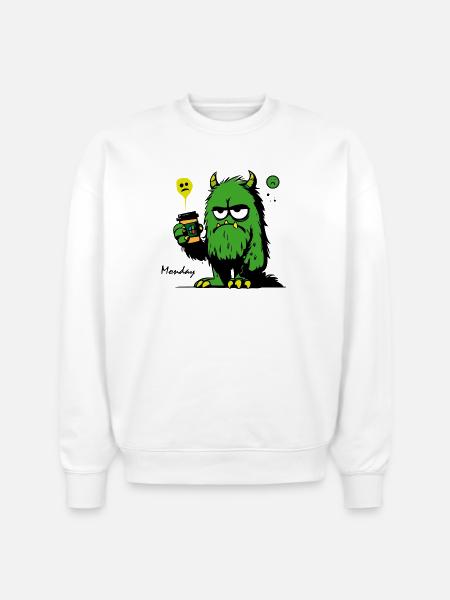 Grumpy Green Monster with Mug - Stanley/Stella Radder Unisex Oversized Organic Sweatshirt - white