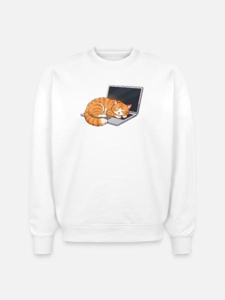 Cozy Tabby on Laptop - Stanley/Stella Radder Unisex Oversized Organic Sweatshirt - white