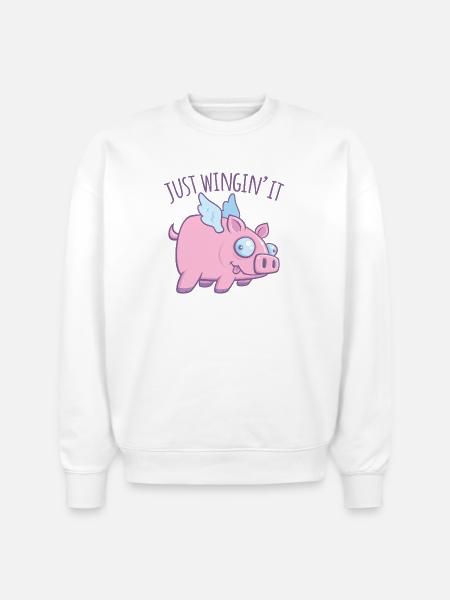 Just Wingin’ It Derpy Flying Pig - Stanley/Stella Radder Unisex Oversized Organic Sweatshirt - white
