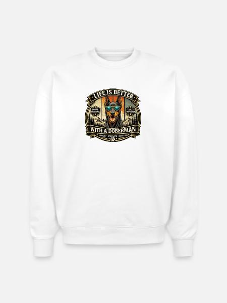 Doberman Loyalty Badge Illustration - Stanley/Stella Radder Unisex Oversized Organic Sweatshirt - white