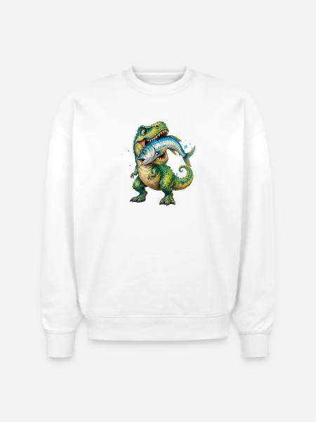 Cretaceous Catch: Dino with Fish - Stanley/Stella Radder Unisex Oversized Organic Sweatshirt - white