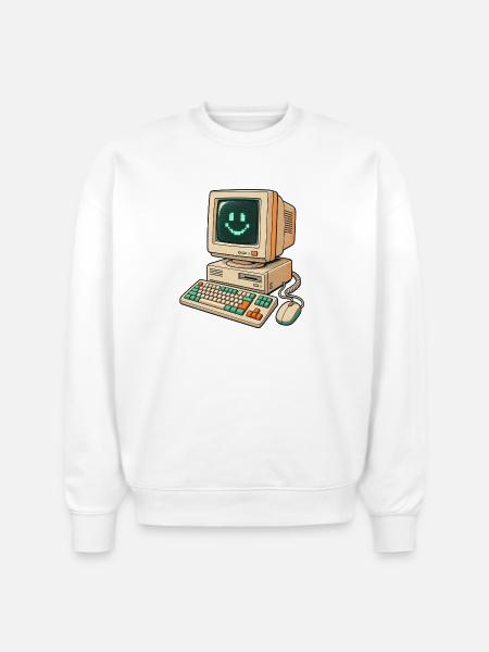 Retro Pixel Smile Computer - Stanley/Stella Radder Unisex Oversized Organic Sweatshirt - white