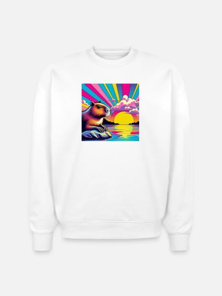 Neon Sunset Guinea Pig - Stanley/Stella Radder Unisex Oversized Organic Sweatshirt - white