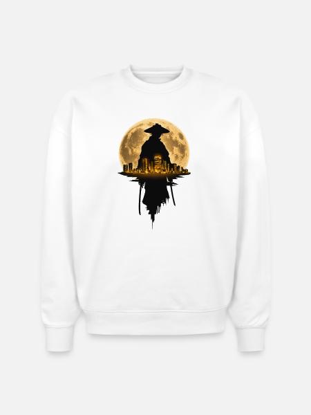 Moonlit Samurai Cityscape - Stanley/Stella Radder Unisex Oversized Organic Sweatshirt - white