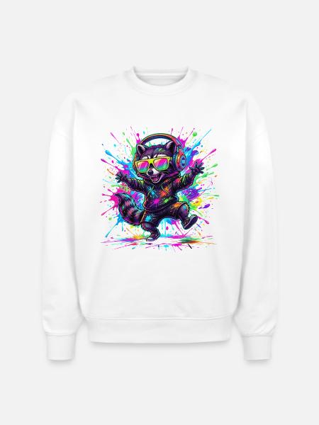 Raccoon Rave Neon Splash - Stanley/Stella Radder Unisex Oversized Organic Sweatshirt - white