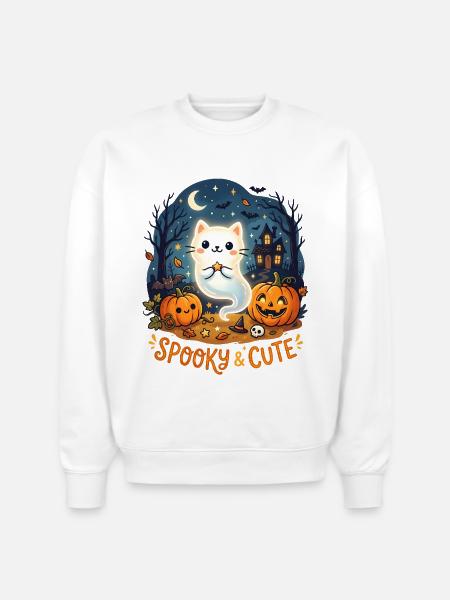 Spooky Cute Ghost Cat Halloween - Stanley/Stella Radder Unisex Oversized Organic Sweatshirt - white