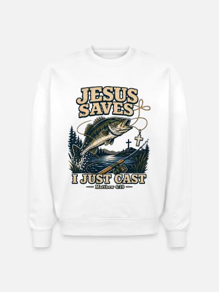 Jesus Saves I Just Cast Christian Fishing - Stanley/Stella Radder Unisex Oversized Organic Sweatshirt - white