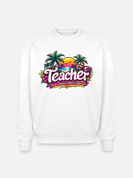 neon-retro-tropical-teacher-shirt-teach-inspire - Stanley/Stella Radder Unisex Oversized Organic Sweatshirt - white