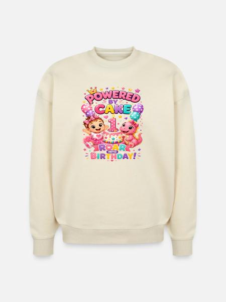 Powered_by_Cake_Dinosaur_1st_Birthday_Shirt Girls - Stanley/Stella Radder Unisex Oversized Organic Sweatshirt - natural raw
